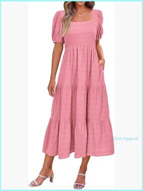 Puff Sleeve Square Neck Midi Dress High Waist Smocked Back A-Line